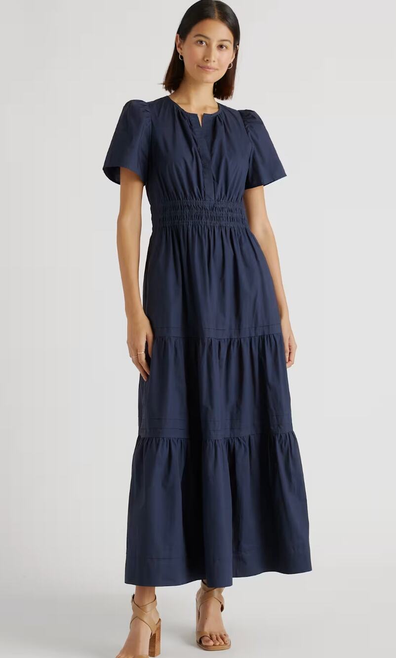 Quince NWT Navy 100% Organic Cotton Poplin Tiered Maxi Dress XS